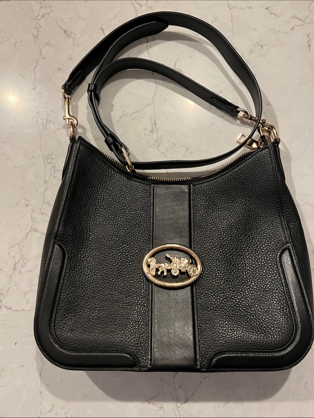 Coach Black Pebbled Leather Shoulder Bag with Gold Horse & Carriage Emblem